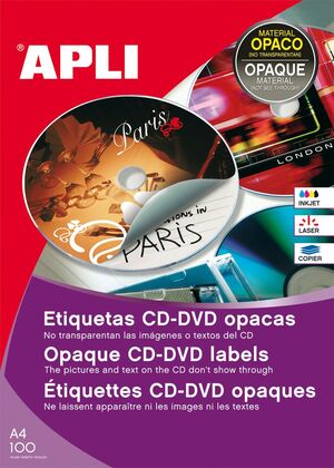 APLI ETIQUETAS CD - DVD CON DORSO OPACO 100 HOJAS