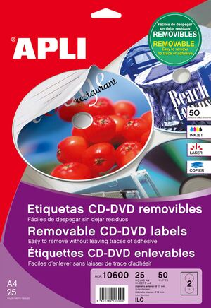 APLI ETIQUETAS CD-DVD MEGA MATE REMOVIBLES PACK 25 HOJAS ( 50 UNDS.)