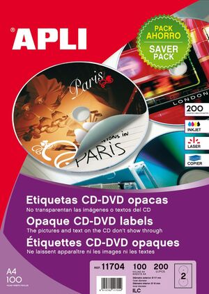 APLI ETIQUETAS CD - DVD MEGA DORSO OPACO 100 HOJAS