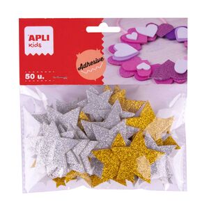 APLI GOMA EVA ADHESIVA ESTRELLA PURPURINA ORO - PLATA