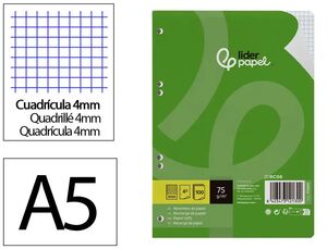 LIDERPAPEL RECAMBIO A5 CUADRÍCULA 4MM. 100 HOJAS