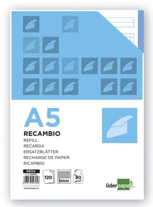LIDERPAPEL RECAMBIO A5 CUADRÍCULA 5MM. 120 HOJAS 5 COLORES