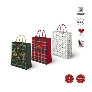 BOLSA REGALO ACEBO NAVIDAD DISEÑOS SURTIDOS 18 X 10 X 24CM.