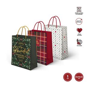 BOLSA REGALO ACEBO NAVIDAD DISEÑOS SURTIDOS 26 X 10 X 32CM.